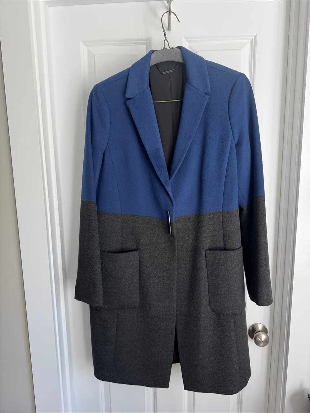 Elie Tahari Blue and Charcoal Colorblock Trench Coat
